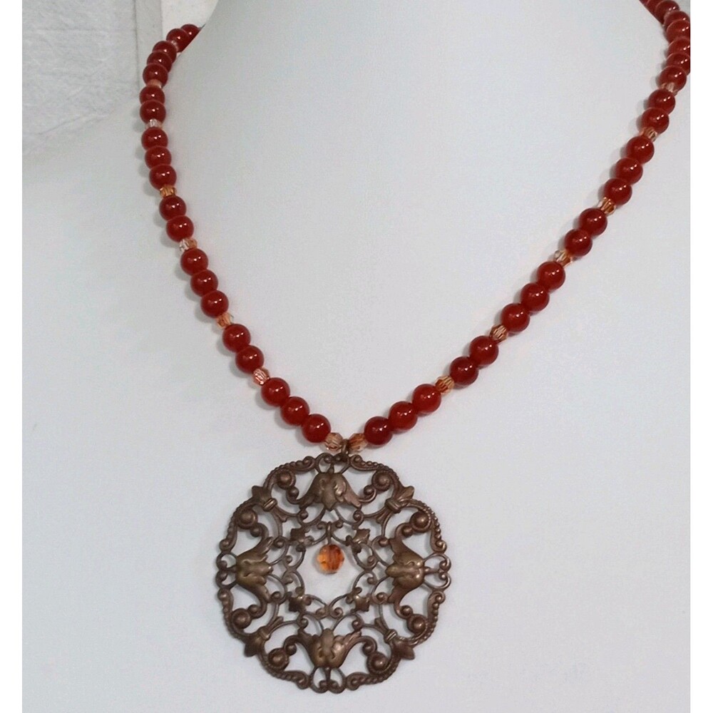 Artisan Carnelian Bead Necklace Brass Filigree Tulip Pendant Victoria Revival